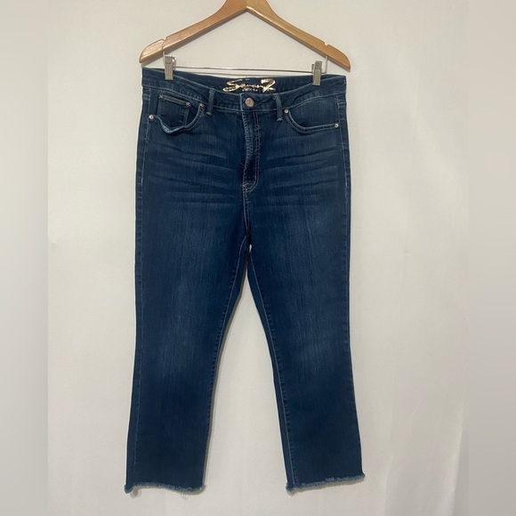 Seven EUC high rise semi crop raw hem dark wash stretch denim size 14 - Picture 1 of 4